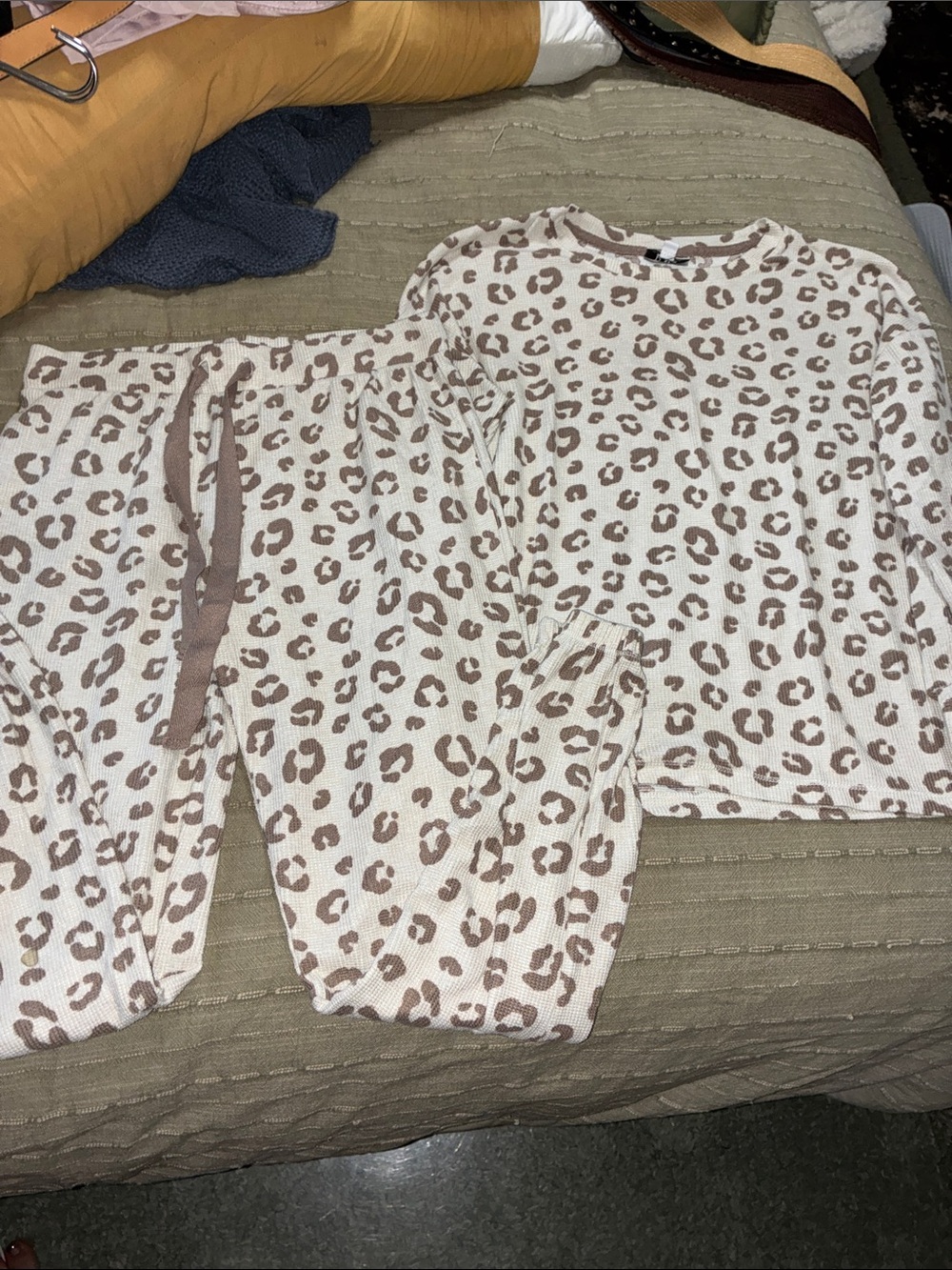 Women's Cream and Brown Leopard Print Pajama Set